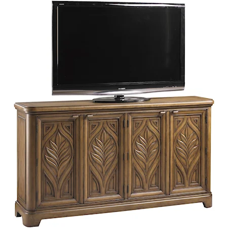 Harvest Four-Door Four-Shelf Media Cabinet with Stylized What Carving Design